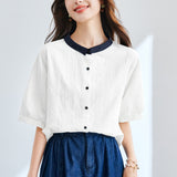 Cotton cocoon, color matching collar embroidered white shirt  summer new commuter casual women's Korean version versatile cardigan shirt
