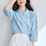 Cotton cocoon V-neck embroidered hollow seven-quarter sleeve shirt women's spring and summer  new pure cotton temperament simple top shirt