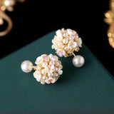 2025 S925 silver needle front and rear one two-wear flower cluster earrings niche design three-dimensional small ball pearl shell flower stud earrings