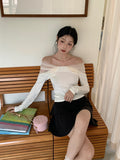2025 popular spring new temperament one-word shoulder suspender bottoming shirt long-sleeved knitted sweater women's top 9729
