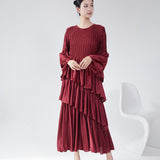 2025 Hot trade dress women's spring and summer high-end round neck horn sleeve cake skirt fashion temperament elegant pleated dress skirt