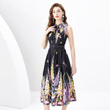 Women's Clothing Spring/Summer popular - Ribbon Neck Sleeveless Pleated Single Placket Long Vintage Oil Painting Printed Dress