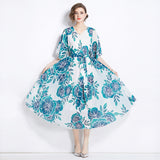 Hot trade chiffon dress women's popular new summer dress printing medium sleeve loose and thin medium and long holiday skirt