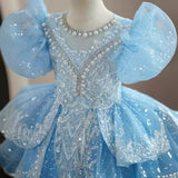 Kamames  Children's Dress  New Blue Color Birthday Princess Dress Girl Host Little Girl Catwalk Costume for Piano Performance