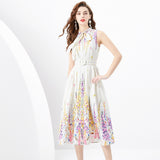 Women's Clothing Spring/Summer popular - Ribbon Neck Sleeveless Pleated Single Placket Long Vintage Oil Painting Printed Dress