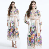 popular New new  retro printing breasted slim-fitting long Popular gas bubble sleeve dress temperament dress