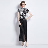 Suit Women's popular Summer T-Shirt Temperament Versatile Zebra Pattern Color Matching Short Sleeve Simple Versatile Skinny Flared Pants
