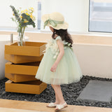 Kamames  Girls' Dress Summer Western Style Cute Baby Three-Dimensional Flower Princess Dress All-Match Ribbon Straw Hat Flower Skirt