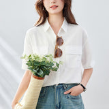 Cotton cocoon  summer new Korean version short-sleeved shirt women's Korean version loose double pockets thin versatile medium-sleeved v-neck