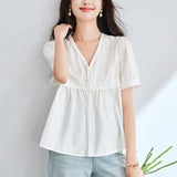 Cotton cocoon,  V-neck bubble sleeve short-sleeved shirt women's summer gentle wind sweet doll shirt chic skirt top