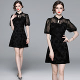 National style improved version of cheongsam skirt women's summer retro buckle black dress mesh stitching bubble sleeve a-word short skirt