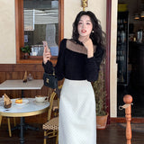 2025 popular autumn and winter new temperament stand-up collar mesh splicing bottoming shirt women's versatile top tide 89161