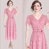 temperament elegant water-soluble lace dress short-sleeved doll collar lace-up waist dress popular summer new