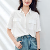 Cotton cocoon  summer new Korean version short-sleeved shirt women's Korean version loose double pockets thin versatile medium-sleeved v-neck
