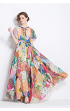 High-end  dress women's popular new design printing strap waist long chiffon vacation skirt