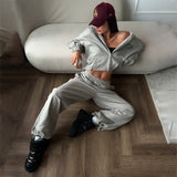 2025 Hot trade wasteland wind letter hooded sweater set women's high-end spring and autumn new street hole zipper set