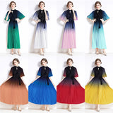 popular summer new pleated celebrity short-sleeved stand-up collar waist a word gradual change color dress elegant dress long dress