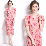Temperament socialite printed short-sleeved dress women's popular summer new waist pleated ruffle edge medium and long dress