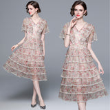 Light luxury high-end mesh cake skirt for women's heavy industry nail beads V-neck printed pendulum long skirt short-sleeved waist dress