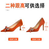 2025 1961-H61  style light luxury rhinestone bow pointed head thin heel middle heel satin single shoes wine glass and women's single shoes