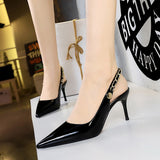 2025 1859-A1  style banquet women's shoes patent leather, shallow mouth, pointed head, hollow back strap, metal chain, high heel single shoes