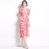 Temperament socialite printed short-sleeved dress women's popular summer new waist pleated ruffle edge medium and long dress