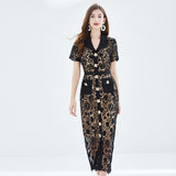 temperament light mature style dress women's summer single-breasted waist short-sleeved lace hollow sexy royal sister long dress