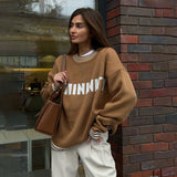 2025 New color contrasting collar letter lazy wind sweater trendy brand design sense contrasting color autumn and winter sweater women's wholesale customization