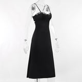 Elegant Sexy Transparent Lace Strap Dress Sleeveless Backless Deep V Evening Party Dress Summer Slim Black Long Sundress