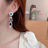 2025 Retro court gem water drop fringed flower earrings long design sense  heavy industry high-end luxury earrings