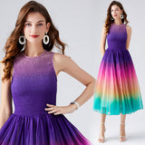 Fashion light luxury temperament sleeveless round neck waist thin a word rainbow gradual change color chiffon dress elegant long dress