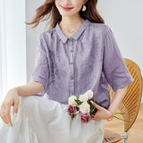 Cotton cocoon, retro heavy industry three-dimensional embroidery ramie shirt women