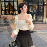 2025 popular autumn and winter new temperament stand-up collar mesh splicing bottoming shirt women's versatile top tide 89161