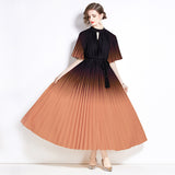 popular summer new pleated celebrity short-sleeved stand-up collar waist a word gradual change color dress elegant dress long dress