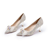 kamames High Heels Wedding Shoes  Summer Silver Bow Crystal Shoes Bride Not Tired Feet Pumps Women