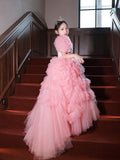 Kamames  Children's High-End Performance Costume Evening Dress Flower Girl Tail Little Girl Tulle Tutu Pink Princess Dress Catwalk Girl Dress