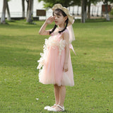 Kamames  Girls' Dress Summer Western Style Cute Baby Three-Dimensional Flower Princess Dress All-Match Ribbon Straw Hat Flower Skirt