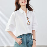 Cotton cocoon, pure cotton white shirt women's short-sleeved  niche design top, loose age-reducing high-end Korean version clothes