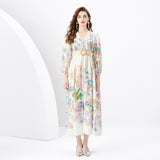 court dress women's sweet lace V-neck breasted slim-fitting long design printed dress