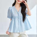 Cotton cocoon,  V-neck bubble sleeve short-sleeved shirt women's summer gentle wind sweet doll shirt chic skirt top