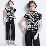Suit Women's popular Summer T-Shirt Temperament Versatile Zebra Pattern Color Matching Short Sleeve Simple Versatile Skinny Flared Pants