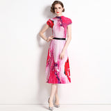 Pleated  summer new fashion corn kernels top + temperament pleated skirt two-piece set