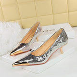 2025 237-29  style banquet fashion women's shoes, medium heel, light mouth, metal pointed head, sparkling sequined cloth, snake pattern single shoes women