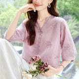 Cotton cocoon, heavy industry embroidered ramie shirt women