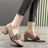 kamames Women's High Heels  New Women's Shoes Spring Retro Square Toe Low-Cut Shoes Women's Chunky Heel Mid Heel Leather Shoes Women's