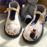 kamames Original Handmade Strong Sole Cloth Shoes Female Spring and Summer Thin Shoes Handmade Embroidery Word Buckle Cat round Head Slippers