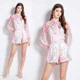 Hot trade sweet bow lace-up lantern long-sleeved waist printed chiffon shirt + shorts two-piece suit for women