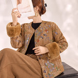 Guofeng New  Autumn and Winter New Chinese Embroidery Sequins Temperament Design Rabbit Hair Sleeves Cotton Jacket Women's MX102