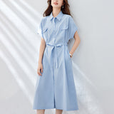 Cotton cocoon, blue dress women's medium and long  summer new short-sleeved shirt skirt lace-up waist skirt