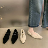 2025  popular autumn and winter new pointed head shallow mouth fluffy shoes women go out flat single shoes flash diamond square buckle velvet shoes children